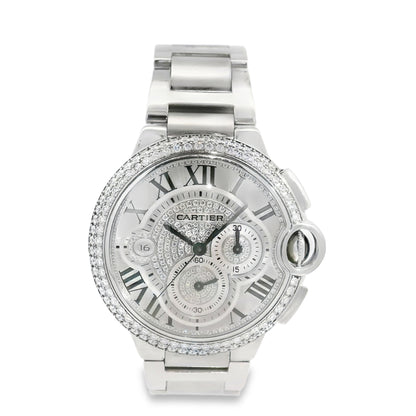 Cartier 3109 Ballon Bleu 44mm Silver Roman Dial with Aftermarket Diamonds Watch