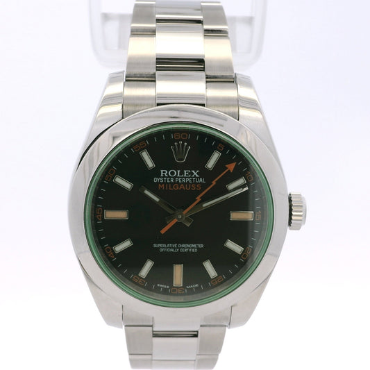 Silver Rolex watch with black dial on a white background