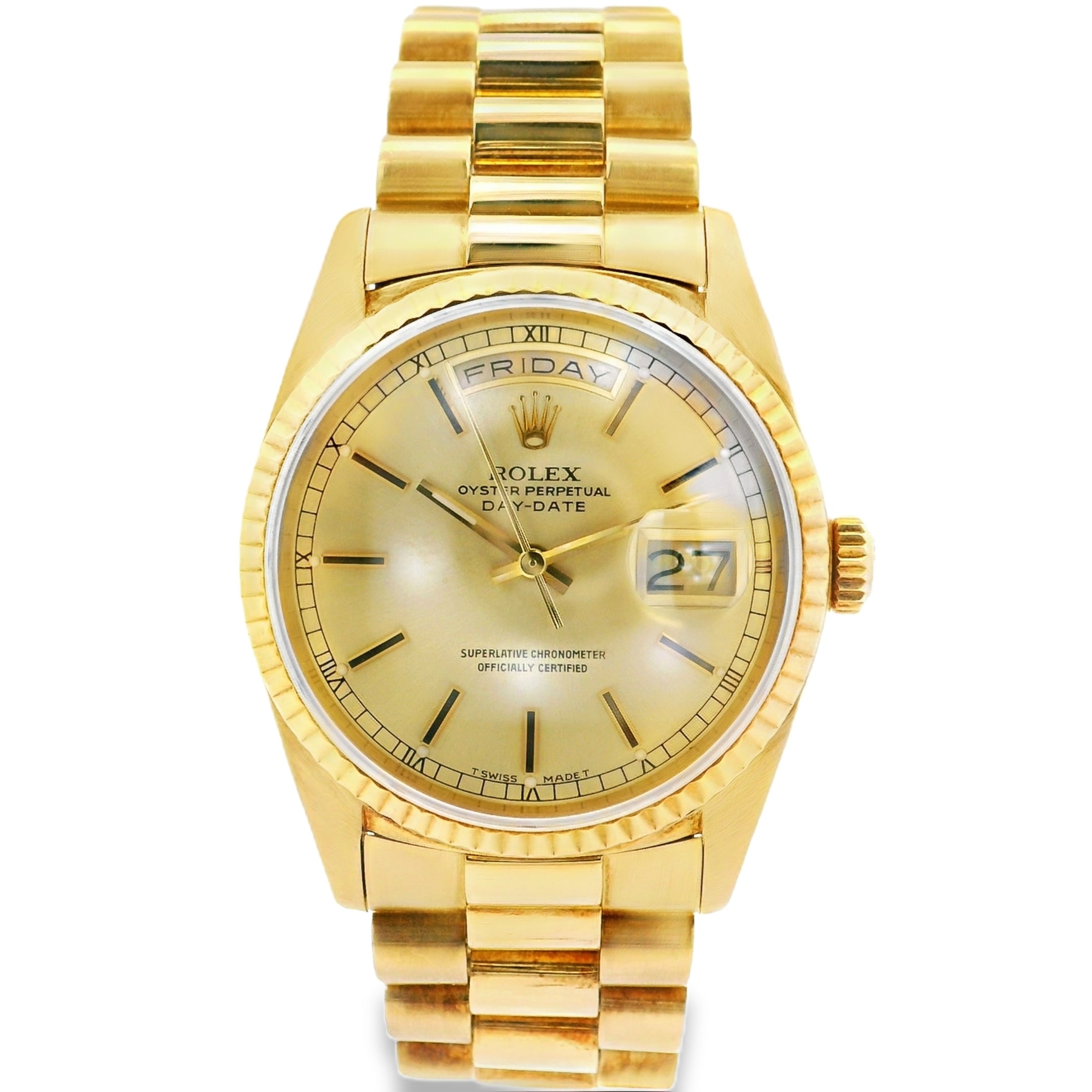 Rolex 18238 Day Date 18k Yellow Gold Fluted Bezel 36mm Watch