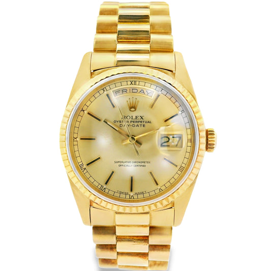 Rolex 18238 Day Date 18k Yellow Gold Fluted Bezel 36mm Watch