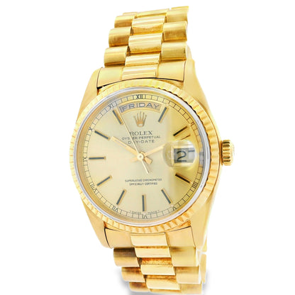 Rolex 18238 Day Date 18k Yellow Gold Fluted Bezel 36mm Watch