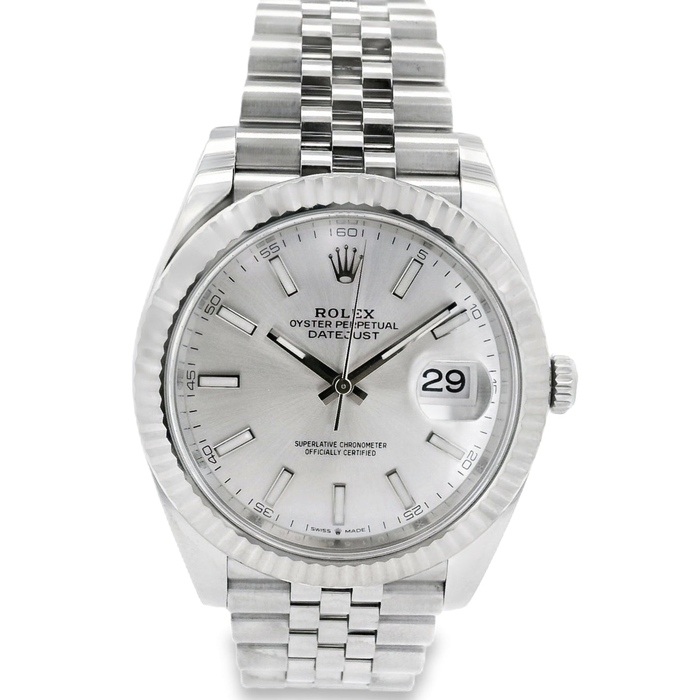 Rolex 126334 Datejust 18k White Gold Fluted Bezel Silver Dial on Stainless Steel Jubilee Bracelet Watch