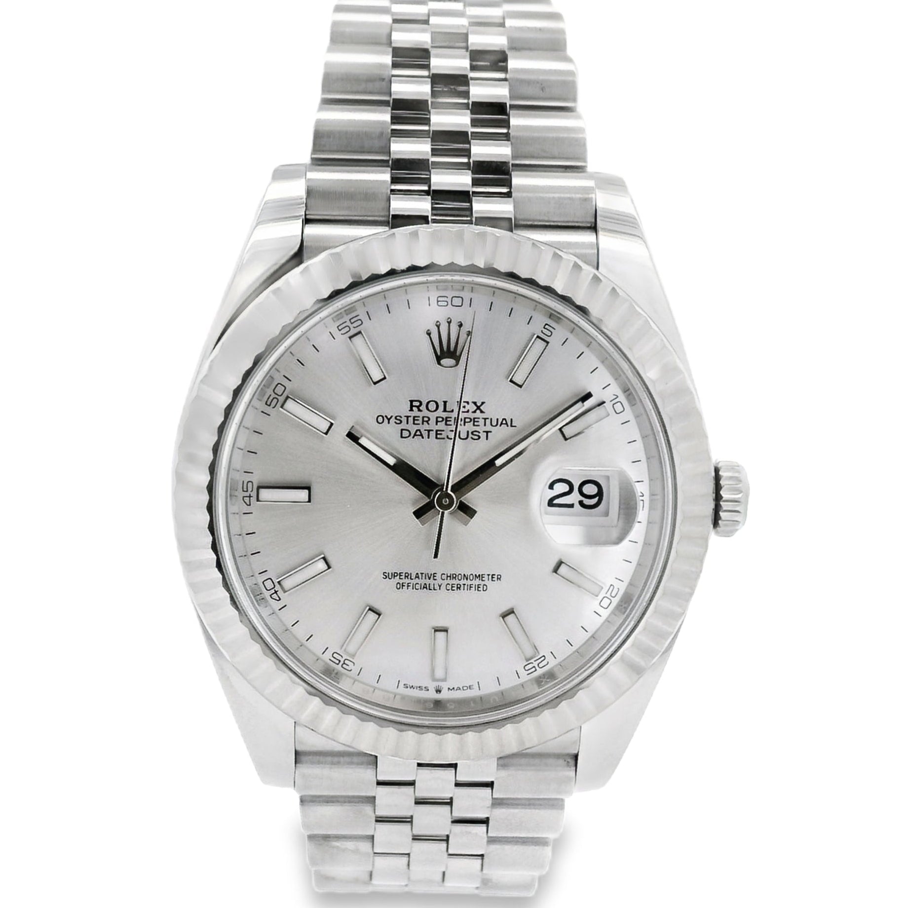 Rolex 126334 Datejust 18k White Gold Fluted Bezel Silver Dial on Stainless Steel Jubilee Bracelet Watch