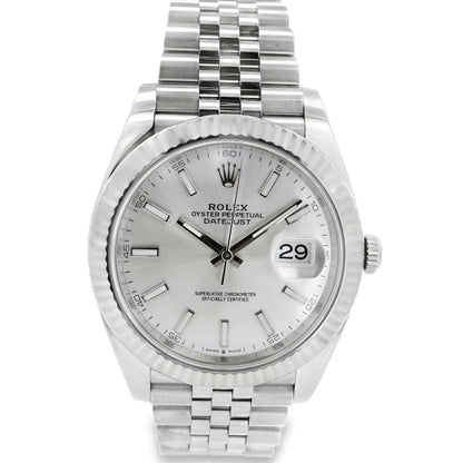 Rolex 126334 Datejust 18k White Gold Fluted Bezel Silver Dial on Stainless Steel Jubilee Bracelet Watch