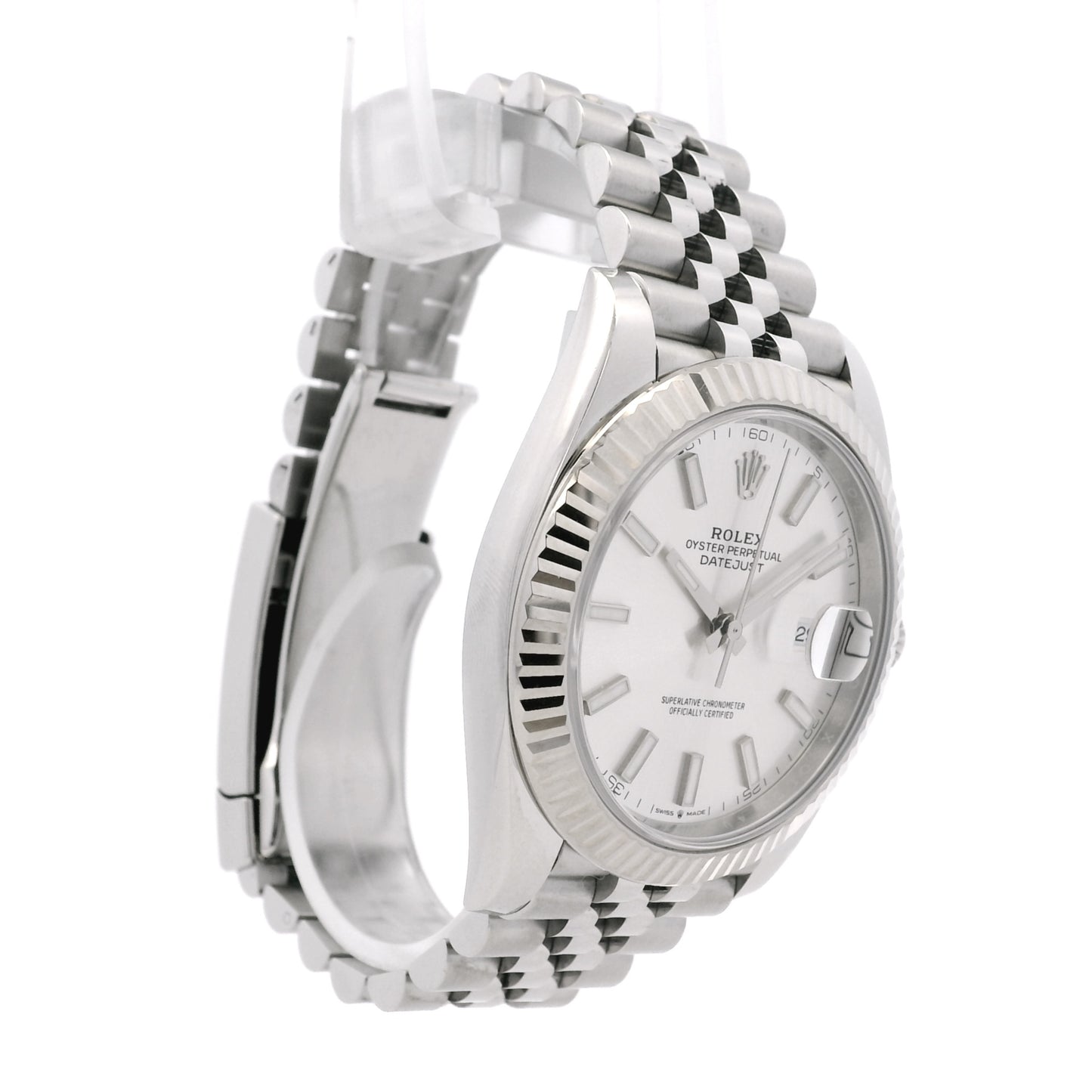 Rolex 126334 Datejust 18k White Gold Fluted Bezel Silver Dial on Stainless Steel Jubilee Bracelet Watch