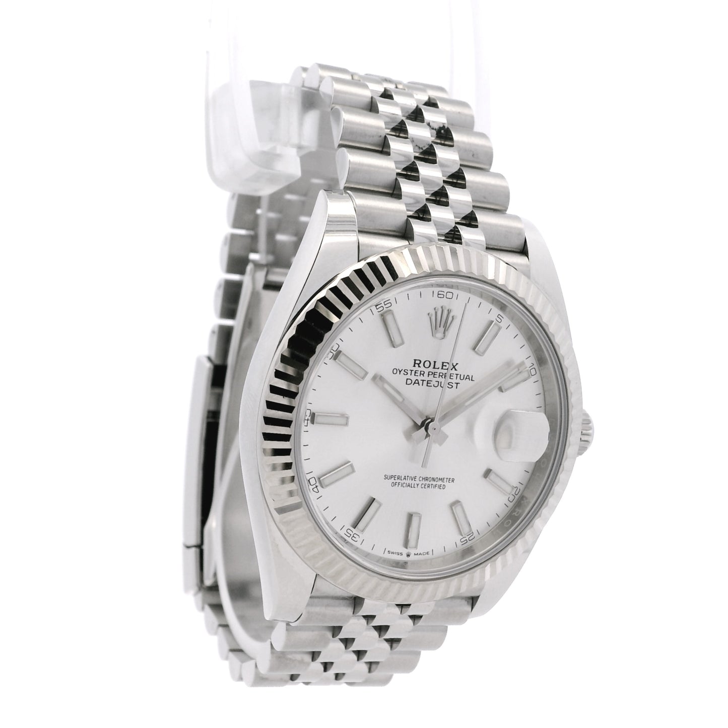 Rolex 126334 Datejust 18k White Gold Fluted Bezel Silver Dial on Stainless Steel Jubilee Bracelet Watch