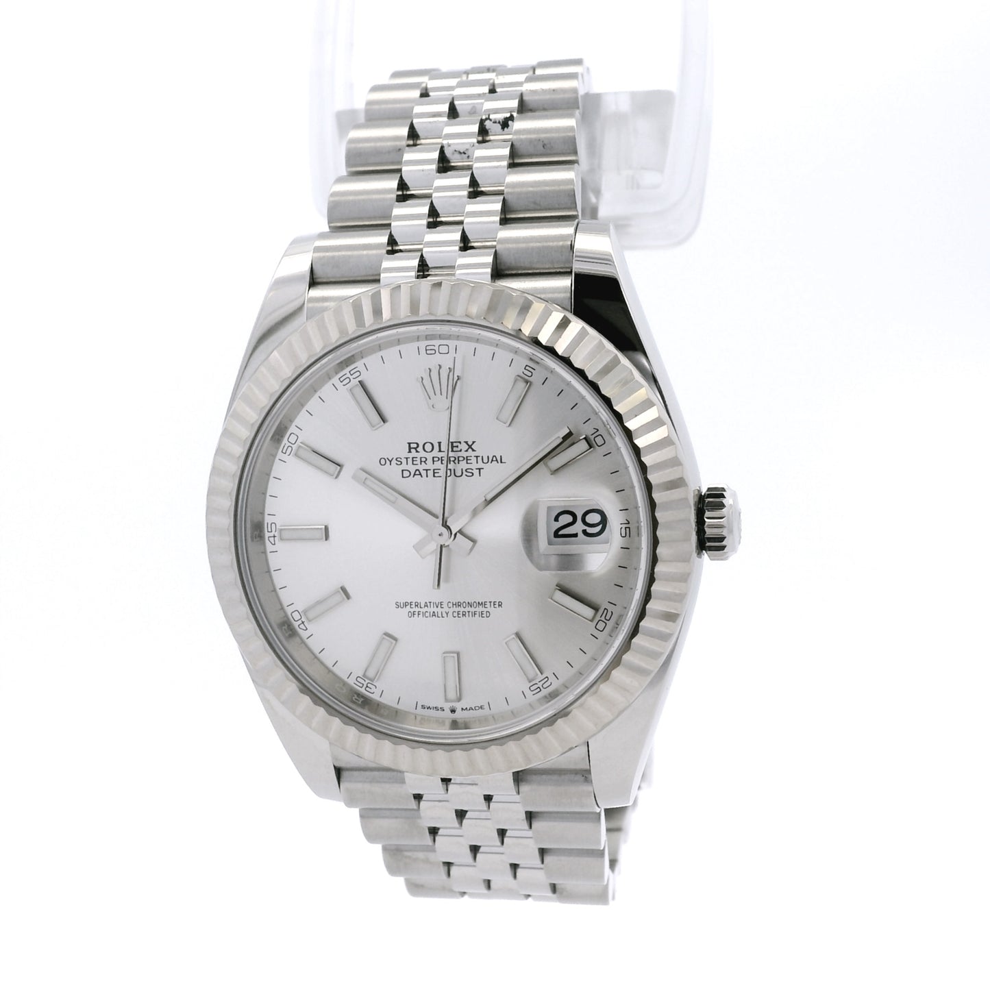 Rolex 126334 Datejust 18k White Gold Fluted Bezel Silver Dial on Stainless Steel Jubilee Bracelet Watch