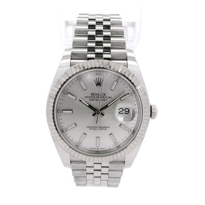 Rolex 126334 Datejust 18k White Gold Fluted Bezel Silver Dial on Stainless Steel Jubilee Bracelet Watch