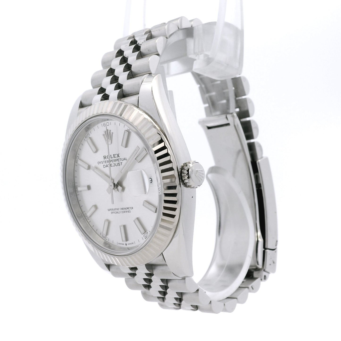 Rolex 126334 Datejust 18k White Gold Fluted Bezel Silver Dial on Stainless Steel Jubilee Bracelet Watch