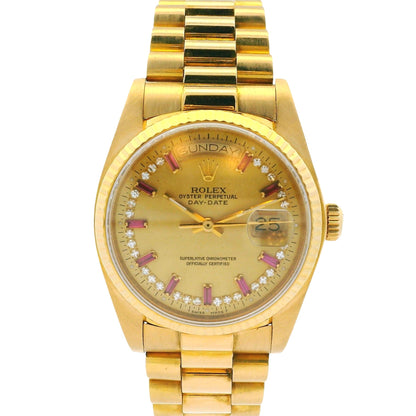 Rolex 18038 Day-Date President Aftermarket Champagne Diamond and Ruby Dial Watch