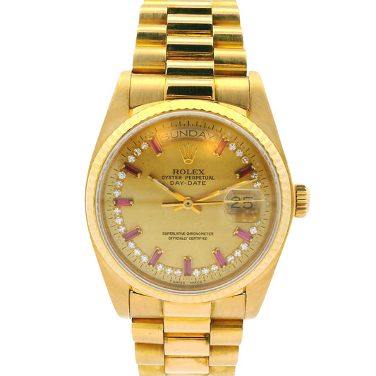 Rolex 18038 Day-Date President Aftermarket Champagne Diamond and Ruby Dial Watch
