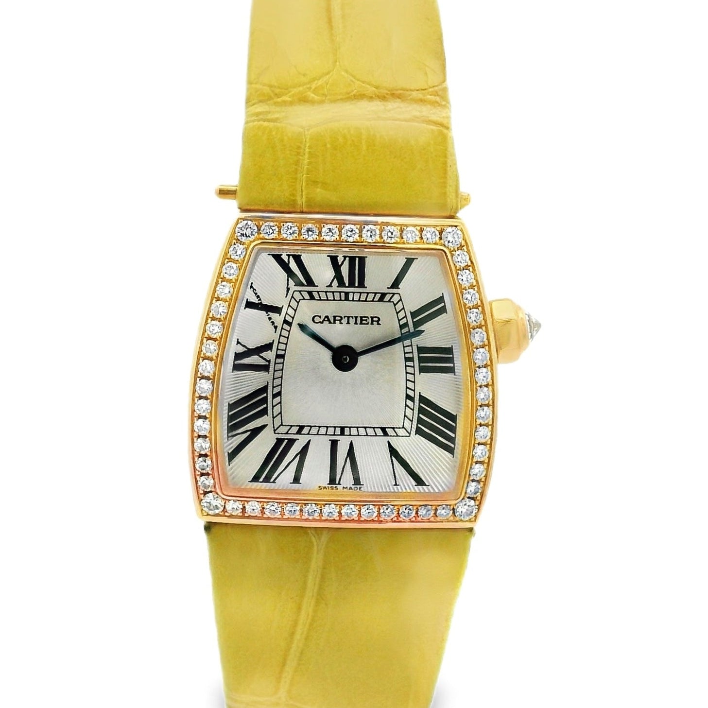 Luxury watch with yellow strap and diamond-studded case on a white background