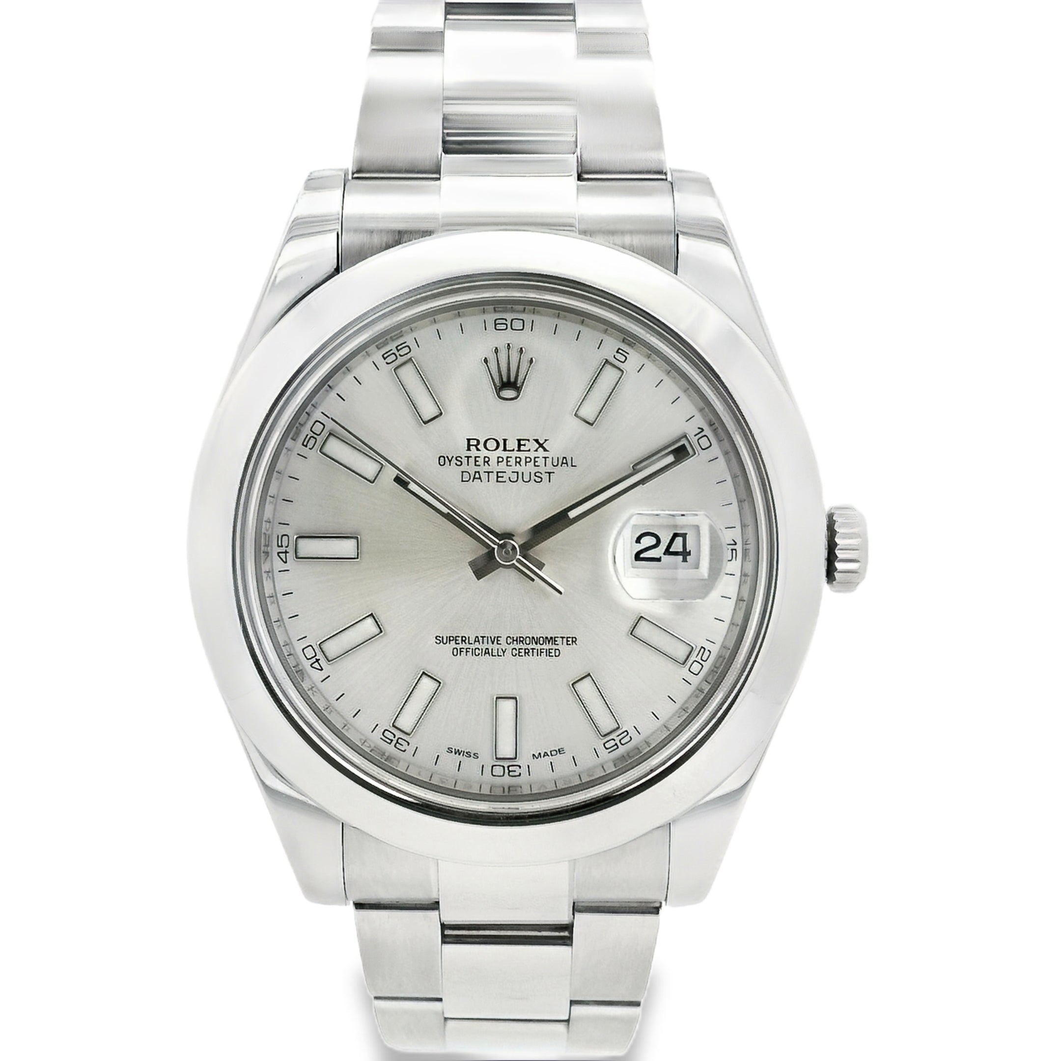 Silver Rolex watch with a white face on a white background