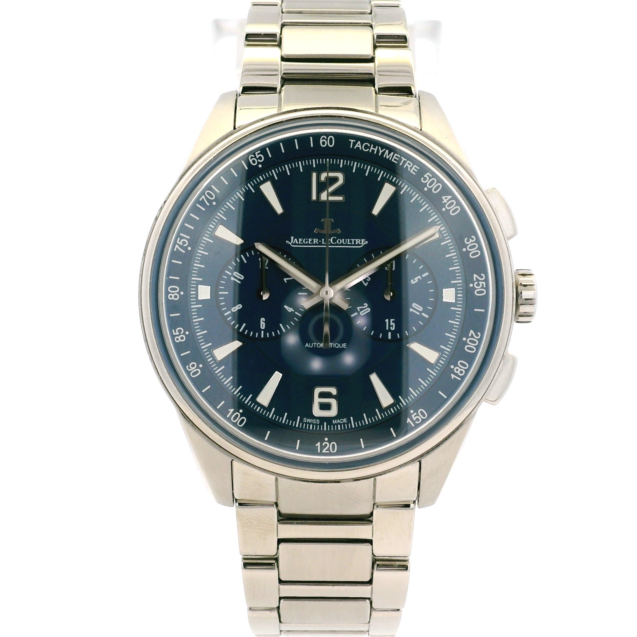 Silver watch with a blue face on a white background