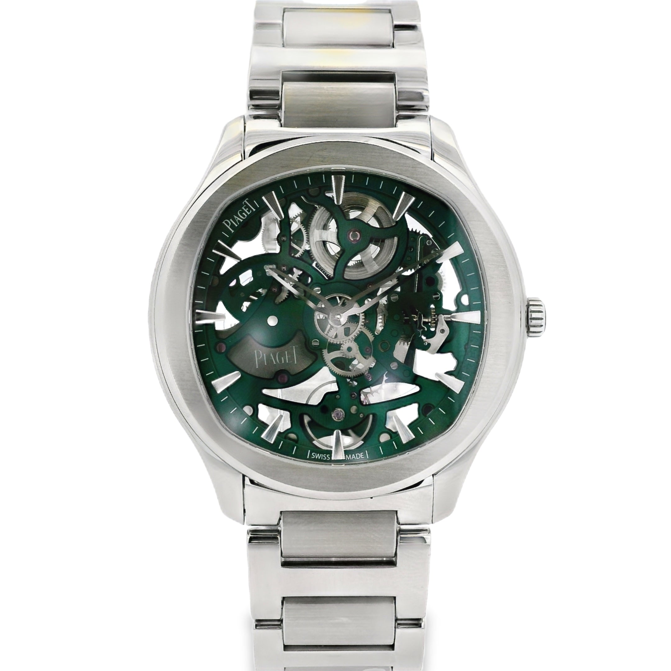 Silver watch with a green face on a white background