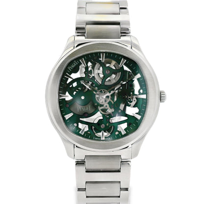Silver watch with a green face on a white background
