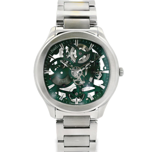 Silver watch with a green face on a white background