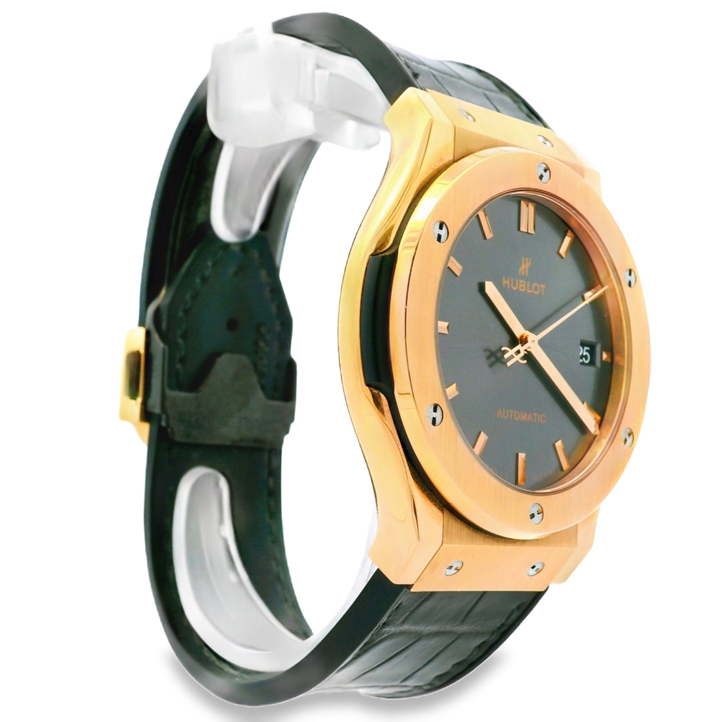 Hublot 18k Rose Gold 42mm Classic Fusion Racing Grey Dial and Black Leather Strap Watch