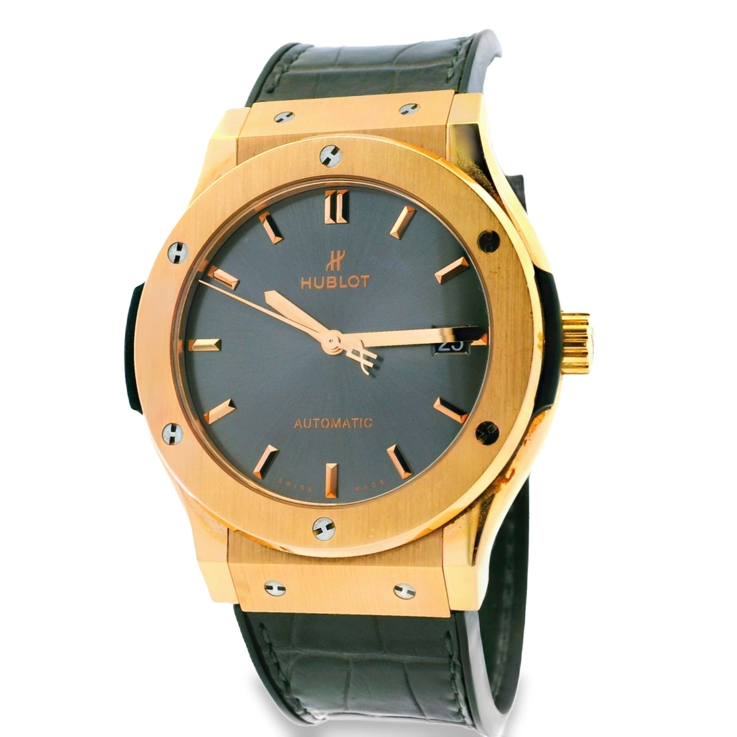 Hublot 18k Rose Gold 42mm Classic Fusion Racing Grey Dial and Black Leather Strap Watch