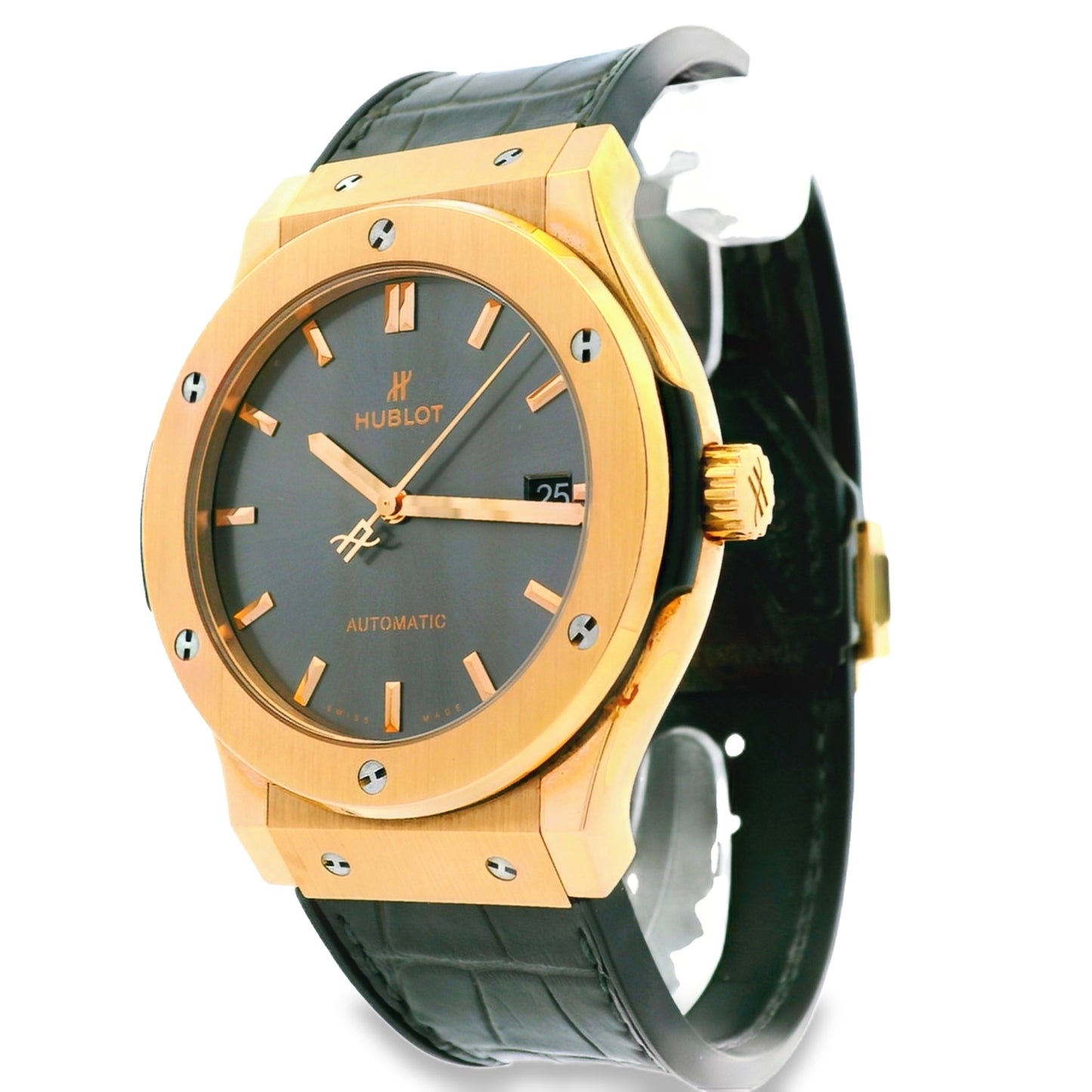 Hublot 18k Rose Gold 42mm Classic Fusion Racing Grey Dial and Black Leather Strap Watch