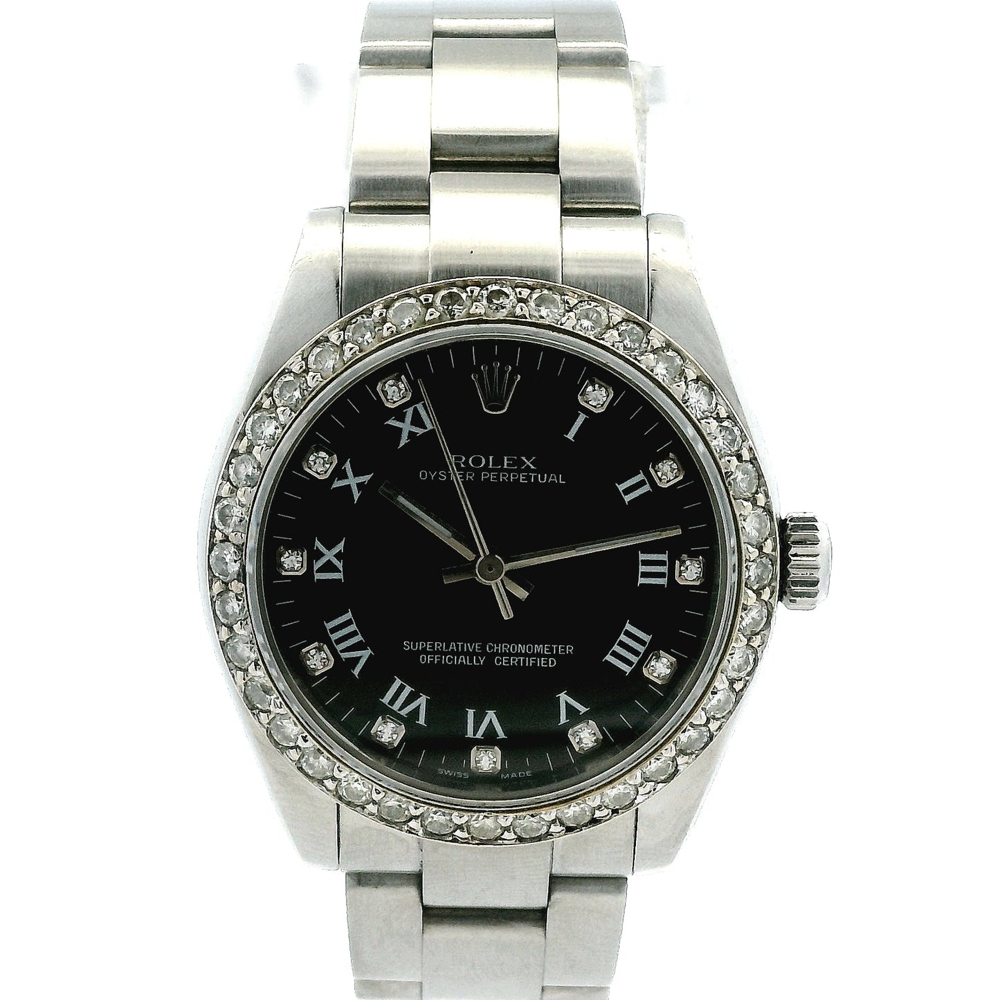 Rolex 177234 Datejust 26mm Black Roman Diamond Dial Aftermarket Diamond Bezel Watch