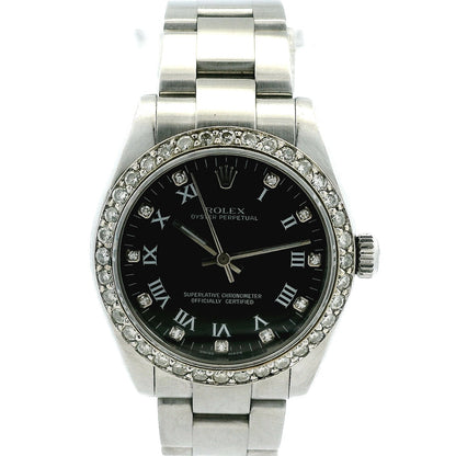 Rolex 177234 Datejust 26mm Black Roman Diamond Dial Aftermarket Diamond Bezel Watch