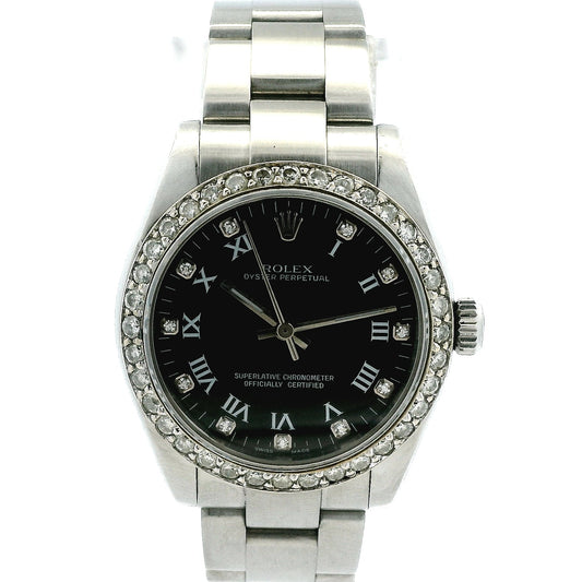 Rolex 177234 Datejust 26mm Black Roman Diamond Dial Aftermarket Diamond Bezel Watch