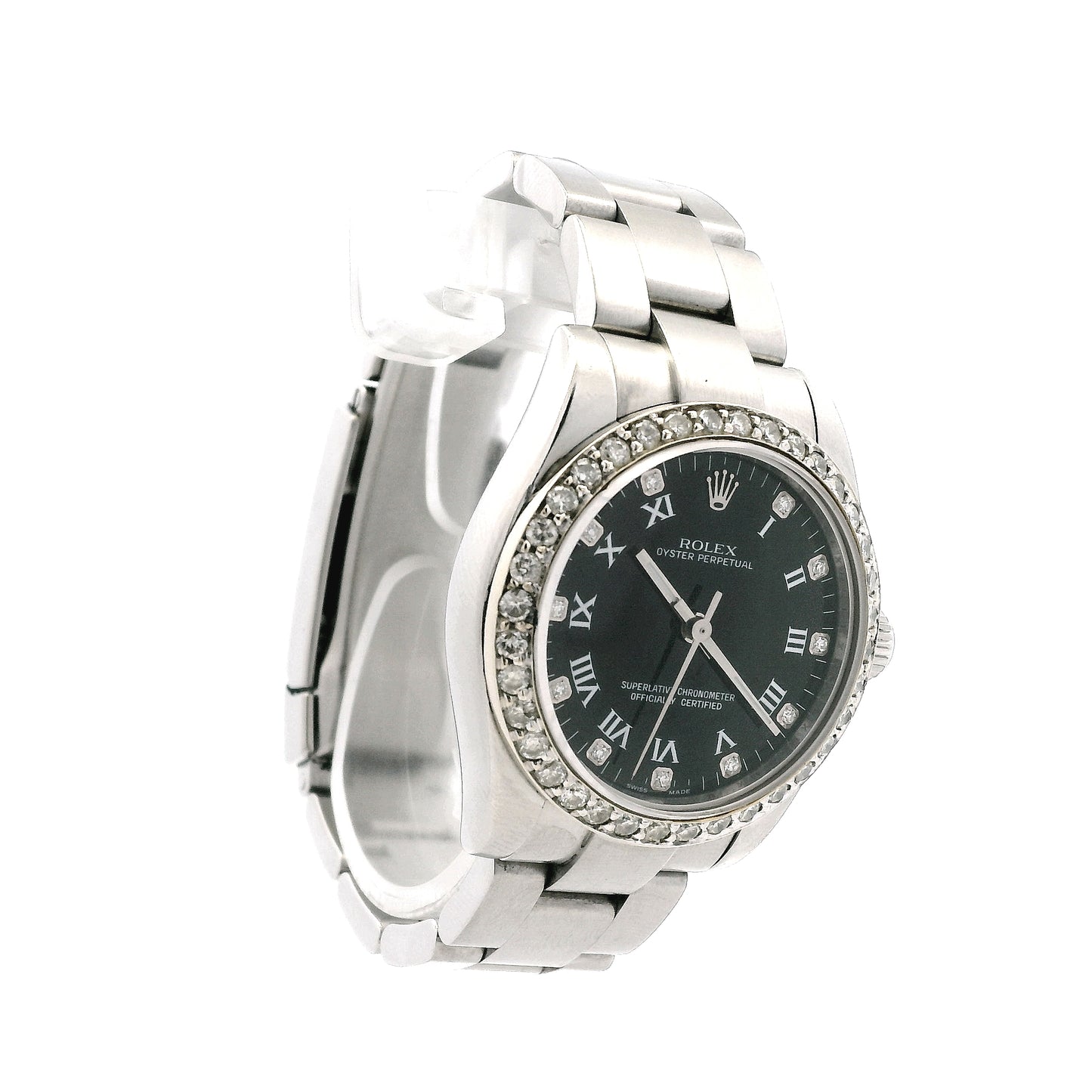 Rolex 177234 Datejust 26mm Black Roman Diamond Dial Aftermarket Diamond Bezel Watch