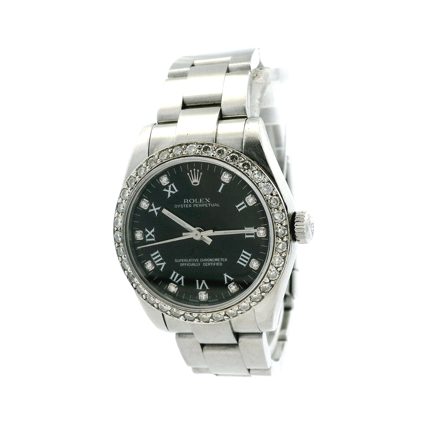 Rolex 177234 Datejust 26mm Black Roman Diamond Dial Aftermarket Diamond Bezel Watch