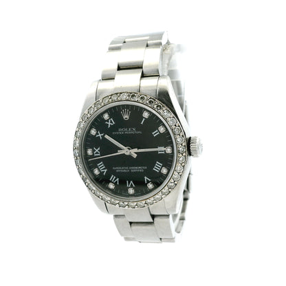Rolex 177234 Datejust 26mm Black Roman Diamond Dial Aftermarket Diamond Bezel Watch