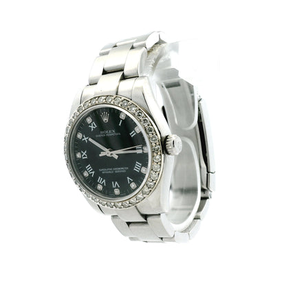 Rolex 177234 Datejust 26mm Black Roman Diamond Dial Aftermarket Diamond Bezel Watch