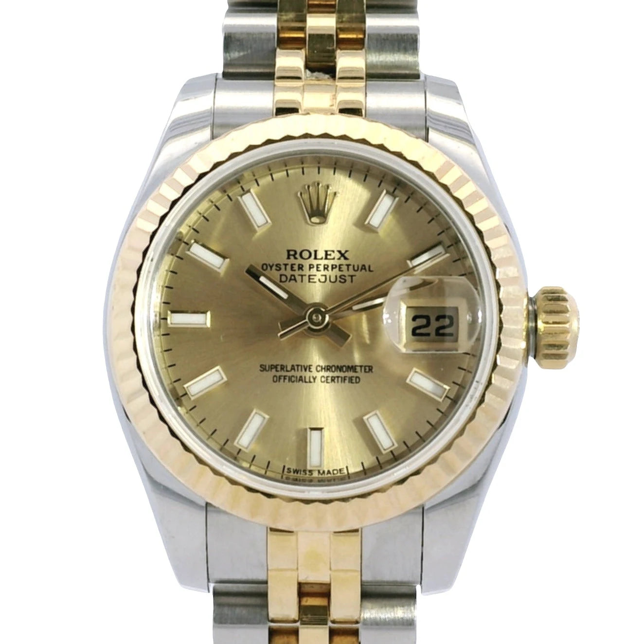 Two tone Rolex watch with a fluted bezel