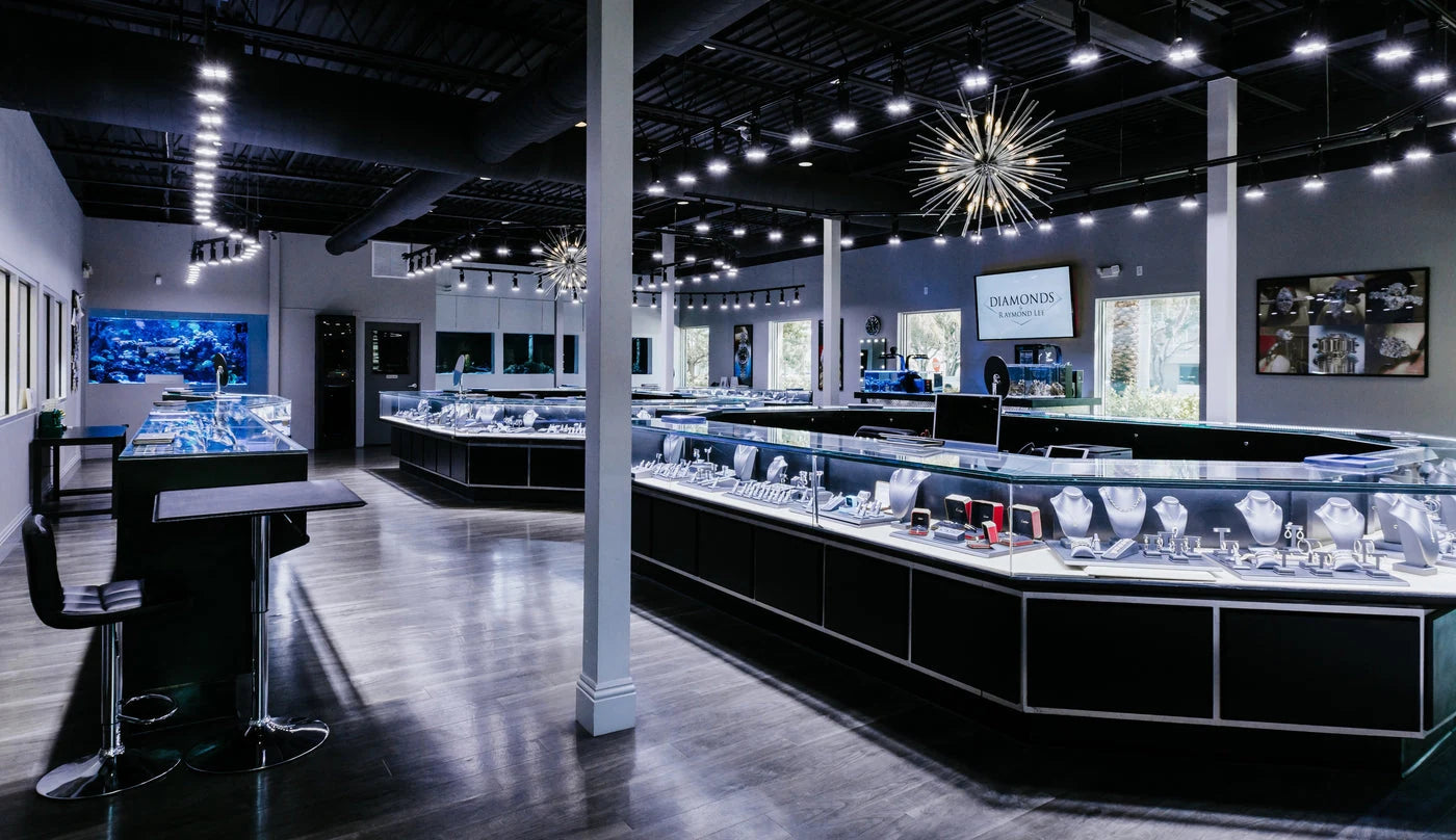 Jewelry display cases inside the Diamonds By Raymond Lee showroom