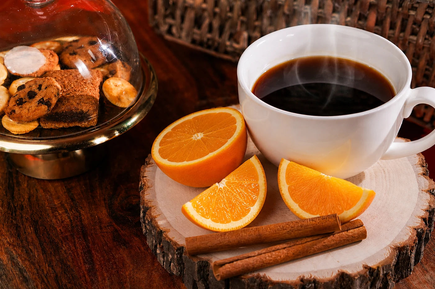 Coffee with orange slices and cinnamon sticks