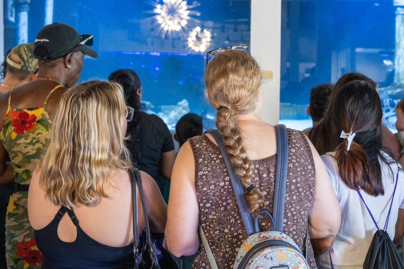 Visitors gathered in front of a large aquarium tank