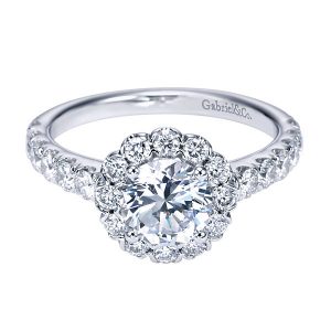 halo engagement ring with "sandwiched" bands that coordinate but aren't match matchy