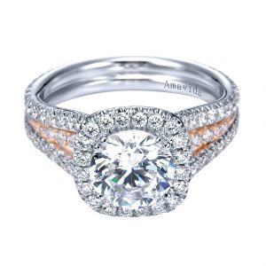 Perfect engagement ring stack with Victorian style halo