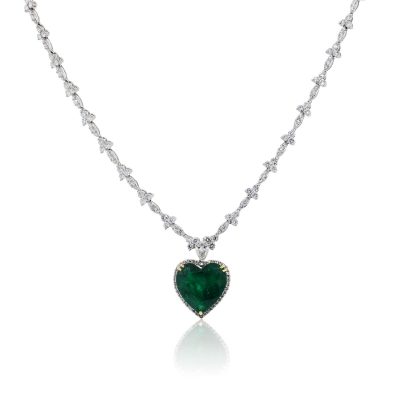 18k White Gold 17.20ct Heart Shape Emerald and 10ctw Diamond Necklace