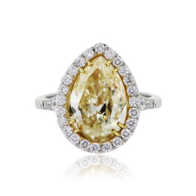 Platinum 18k Gold 5.91ct Fancy Yellow Pear Shape and 1.09ctw Round Brilliant Diamond Ring