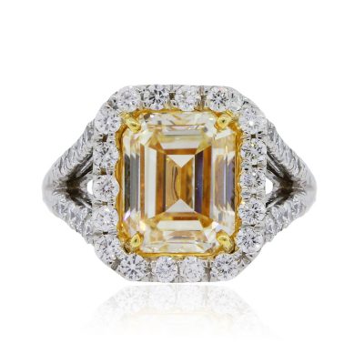 Platinum 18k Gold 5.02ct Fancy Yellow Emerald Cut and 0.74ctw Diamond Halo Ring