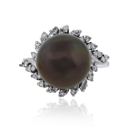 18k White Gold Black Pearl And Round Diamond ring