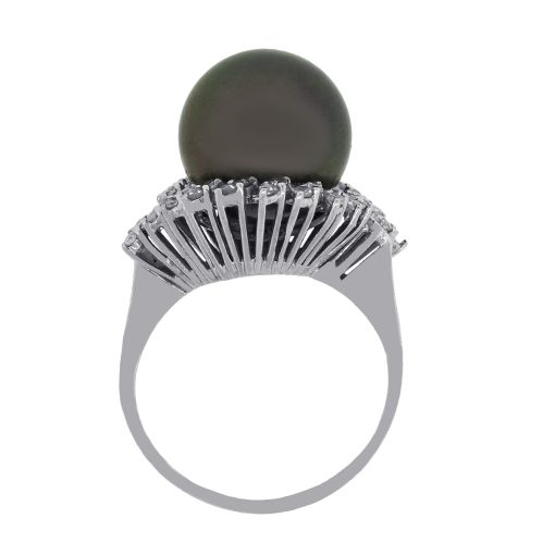 18k White Gold Black Pearl And Round Diamond ring