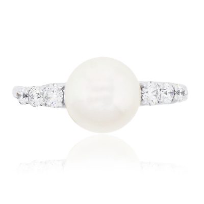 Mikimoto 18k White Gold 0.31ctw Diamond & Morning Dew Pearl Ring