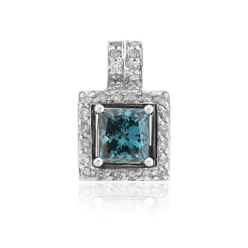 14k White Gold 1.51ct Fancy Blue Princess Cut Diamond Pendant