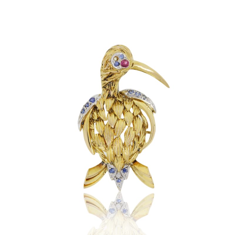 14k Yellow Gold Long Beak Bird With Tourmaline & Sapphires Pin