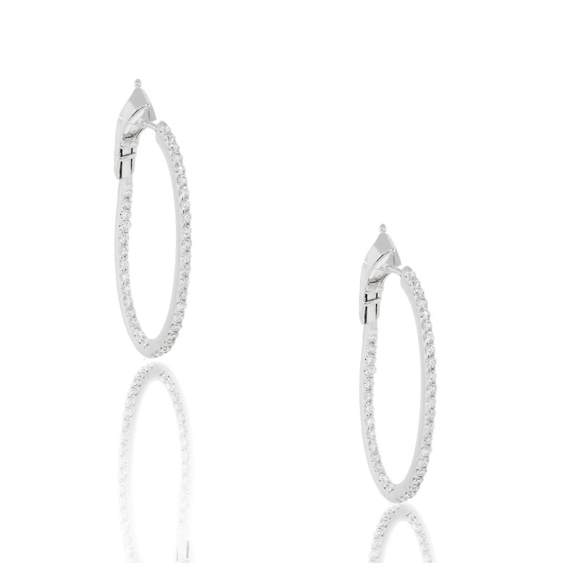 18k White Gold 1.66ctw Inside Out Diamond Oval Hoop Earrings