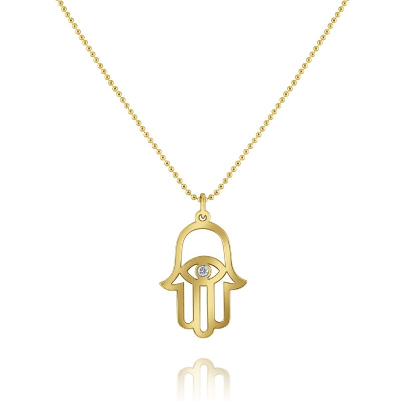 KC Designs 14k Yellow Gold 0.03ct Diamond Hamsa Pendant Bead Chain Necklace