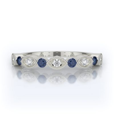 Henri Daussi R37-6H 14k White Gold 0.15ctw Diamond and 0.20ctw Blue Sapphire Wedding Band