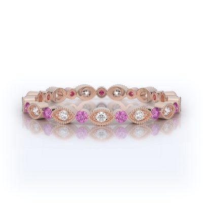 Henri Daussi R26-7HZ6 14k Rose Gold 0.14ctw Diamond and 0.08ctw Pink Sapphire Wedding Band