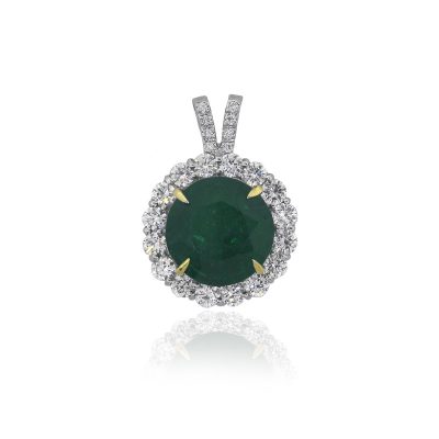 18k White Gold 10.67ct Round Emerald Diamond Halo Pendant